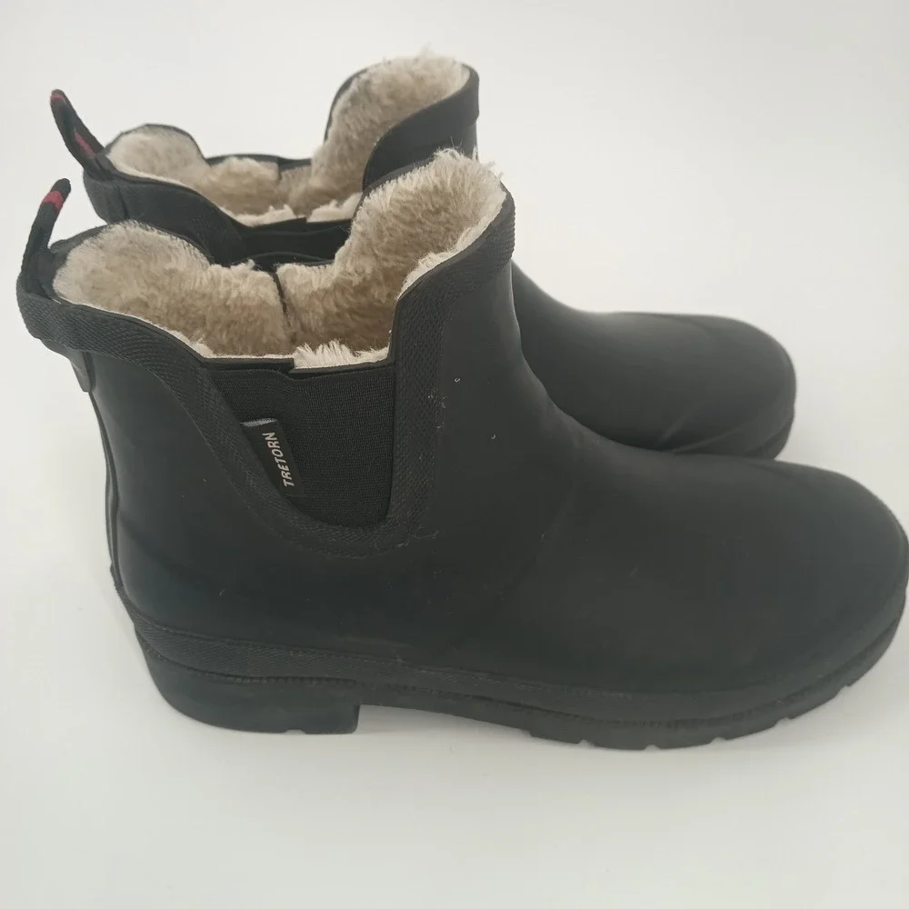Tretorn Womens Black Rubber‎ Chelsea Rain Boots Faux Fur Lined Ankle Size 8
